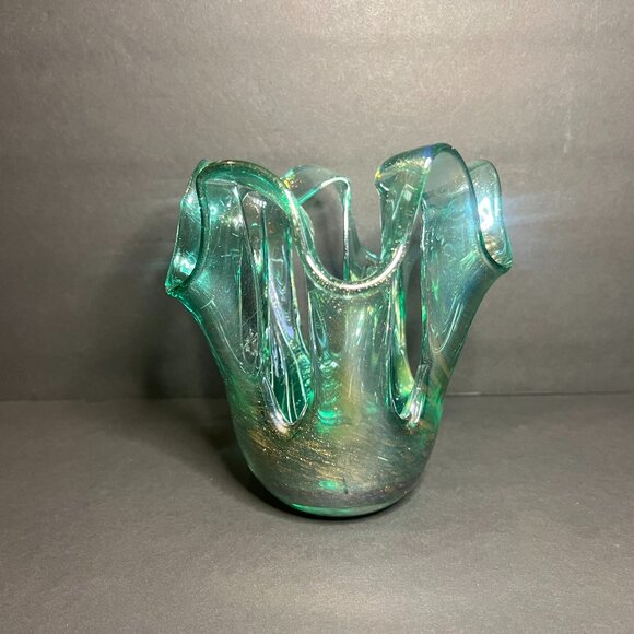 VTG Murano Style Green Gold Abstract Glitter Stretch Swung Art Glass Decor 5.75" - Picture 3 of 6